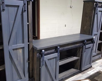 Grey Farmhouse TV Stand: Rustic Entertainment Center with Sliding Barn Doors