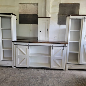 white tv stand cabinets / tv entertainment center w/sliding barn doors / farmhouse modern furniture/ tv stand console / country furniture