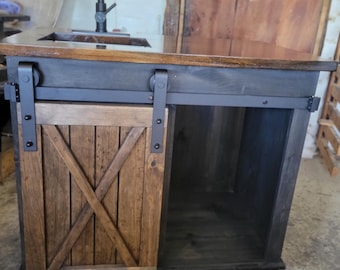 Coffee bar refrigerator Rustic Pine Bar Cabinet with Sink & Sliding Barn Door