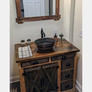 bathroom vanity cabinet w/ barn doors / bathroom decor / farmhouse furniture / bathroom vanity / rustic furniture / home decor