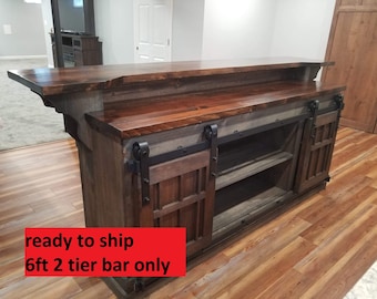 bars / rustic bar / man cave bar / kitchen island bar / liquor cabinet w/ sliding barn doors / country furniture / farmhouse furniture / bar