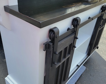 White Country Farmhouse Bar Cabinet with Sliding Barn Doors