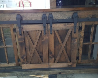 READY TO SHIP rustic tv stand w/sliding barn doors.hinged windows . farmhouse furniture / country furniture/ rustic furniture / home decor