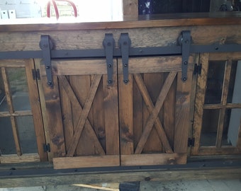 Rustic TV Stand: Sliding Barn Doors, Hinged Windows, Farmhouse Media Console
