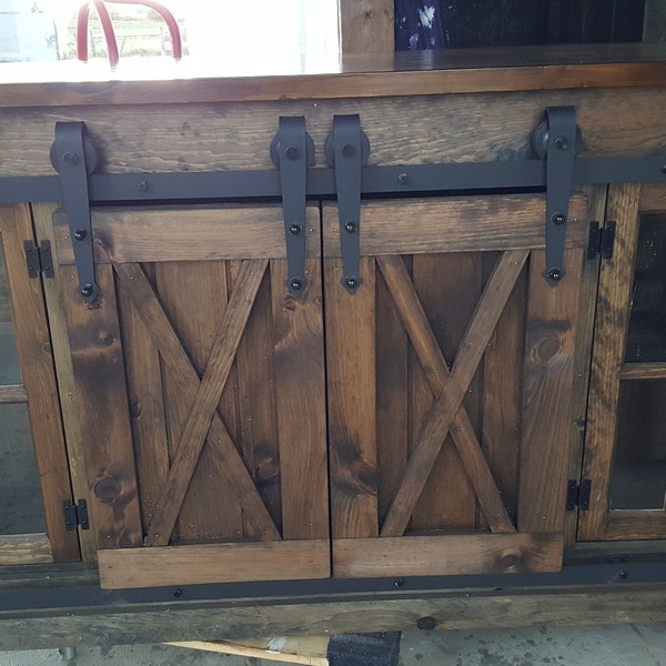 Rustic TV Stand: Sliding Barn Doors, Hinged Windows, Farmhouse Media Console