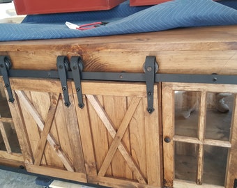 Farmhouse TV Stand: Rustic Media Console with Barn Doors