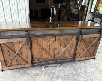 New design Wet bar back bar Rustic Bar Cabinet with Sink & faucet Sliding Barn Door