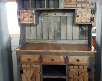 Rustic Pine Step Back Cabinet: Farmhouse Hutch Buffet