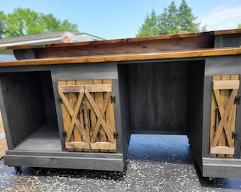 Rustic Bar Cabinet: 2-Tier Pine Wood, Sliding Barn Doors