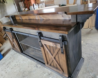 man cave bar / kitchen island bar cabinet furniture w/ sliding barn doors / country furniture / farmhouse furniture /  rustic furniture