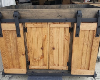 Rustic Pine Bathroom Vanity: Sliding Barn Doors, Farmhouse Cabinet
