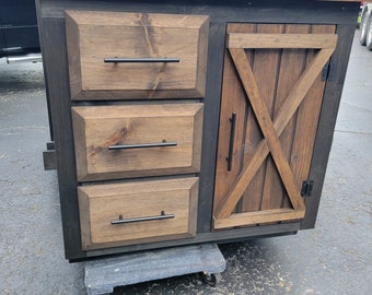 Pine Wood Bathroom Vanity Cabinet with Barn Doors