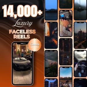 A collage of 12 vertical phone screens displaying luxury lifestyle videos, with text overlay "14,000+ Luxury Faceless Reels Canva Editable".