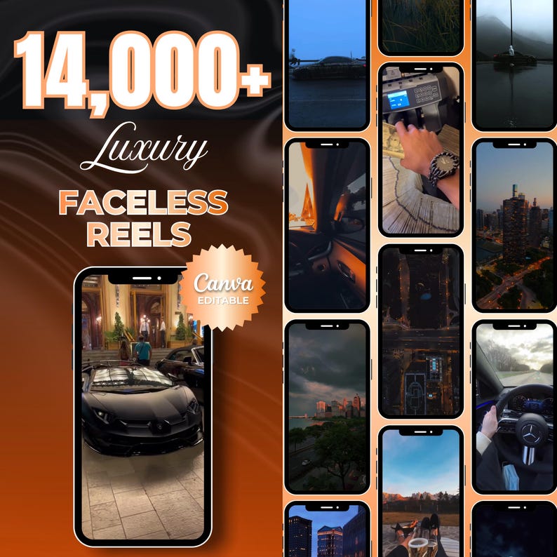 A collage of 12 vertical phone screens displaying luxury lifestyle videos, with text overlay "14,000+ Luxury Faceless Reels Canva Editable".