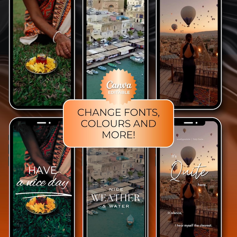A collage of six phone screens showing various social media posts, with an orange banner in the center reading "CHANGE FONTS, COLOURS AND MORE!"