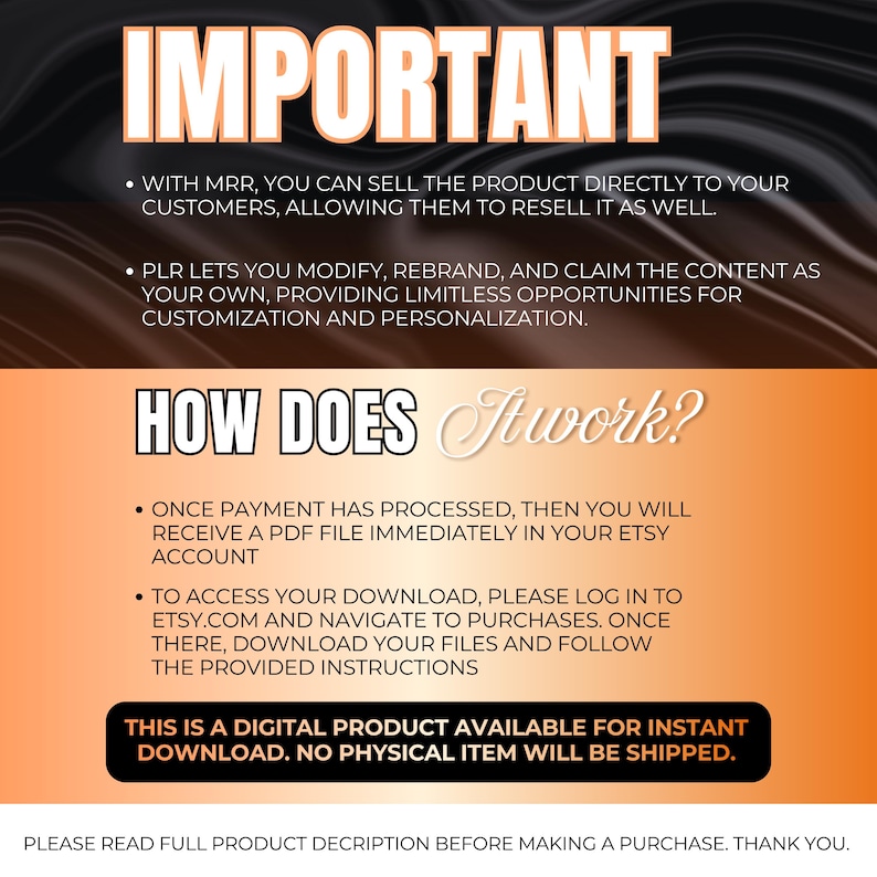 A black background with white and orange text detailing product information, including "IMPORTANT", "HOW DOES It work?", and "THIS IS A DIGITAL PRODUCT AVAILABLE FOR INSTANT DOWNLOAD."