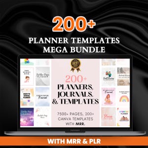 May include: A laptop displays a mega bundle of planner templates. The screen shows various planner covers, including baby memory books, vision journals, and self-care planners. Text on the screen reads "200+ Planner Templates Mega Bundle" and "200+ Planners, Journals, & Templates."