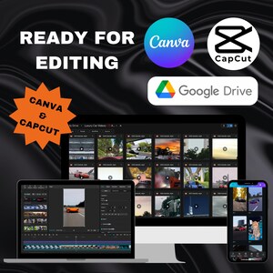 A desktop computer and a smartphone displaying video editing software with luxury car clips, alongside logos for Canva, CapCut, and Google Drive.