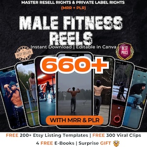 Fitnesshaspels voor heren: 660+ bundel met master-resellrechten | Motivatievideo's fitnesstraining voor TikTok Reels Shorts | Digitaal downloadpakket
