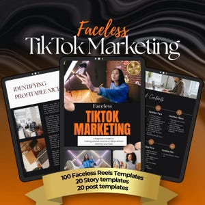 Puede incluir: Una guía de marketing digital titulada "Faceless TikTok Marketing" se muestra en una tableta, con el título en naranja y blanco. La imagen incluye a una mujer filmando un video. El banner inferior dice "100 plantillas de Reels sin rostro, 20 plantillas de historias, 20 plantillas de publicaciones."