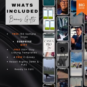 A collage of 12 phone screens showing various luxury and lifestyle videos, with a list of "WHAT'S INCLUDED Bonus Gifts" on the left.