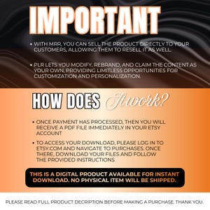 Text on a dark background explains "IMPORTANT" details about MRR, PLR, and how to access the digital product after purchase.