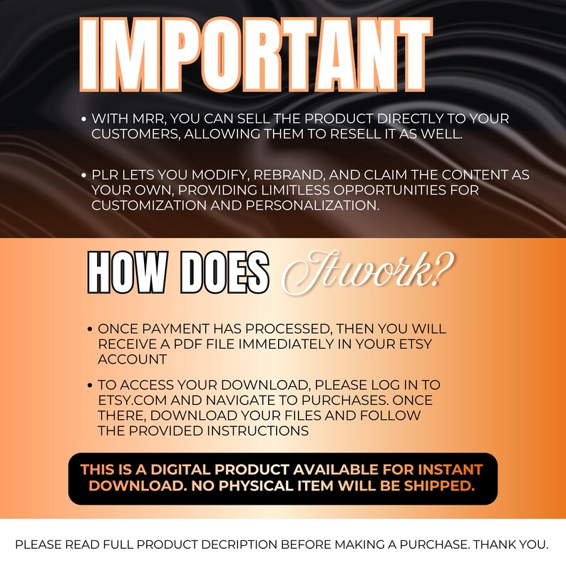 Text on a dark background explains "IMPORTANT" details about MRR, PLR, and how to access the digital product after purchase.