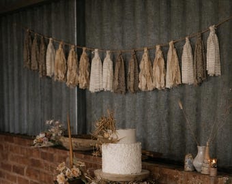 Neutral Fabric Tassel Garland with Raw Frayed Textiles, Heirloom Wedding Backdrop Decor, Rustic Event Styling Banner, Soft Ivory Beige Party