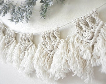 Ivory Macrame Bunting Garland - Handcrafted Boho Wedding Decor - Rustic Home Accent - Vintage-inspired Wall Hanging with Intricate Knotwork