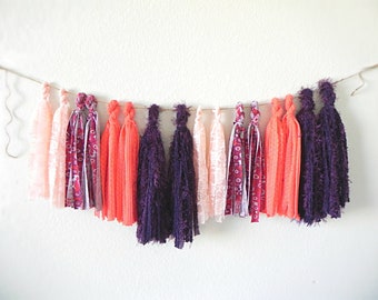 Boho Chic Lace Tassel Garland with Plum, Coral, and Pink Textured Fabric Handmade Home Decor for Festive and Stylish Celebrations