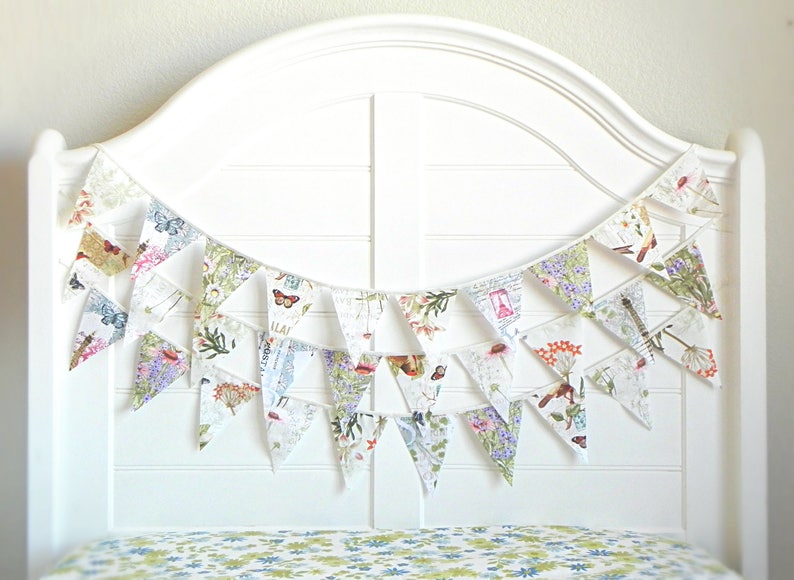 Vintage Botanicals and Delicate Butterflies Fabric Bunting Garland with Antique Birds, Perfect for Rustic and Nature-Inspired Party Decor image 5