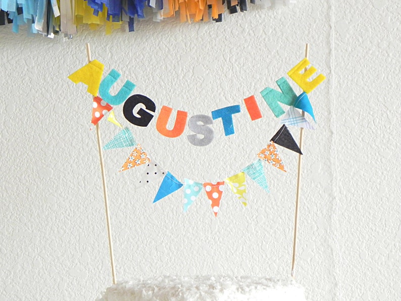 Personalized Name Birthday Bunting Banner Cake Topper for 1st Birthday Party Smash Cakes Boy Carnival Circus Name Reveal Gender Neutral