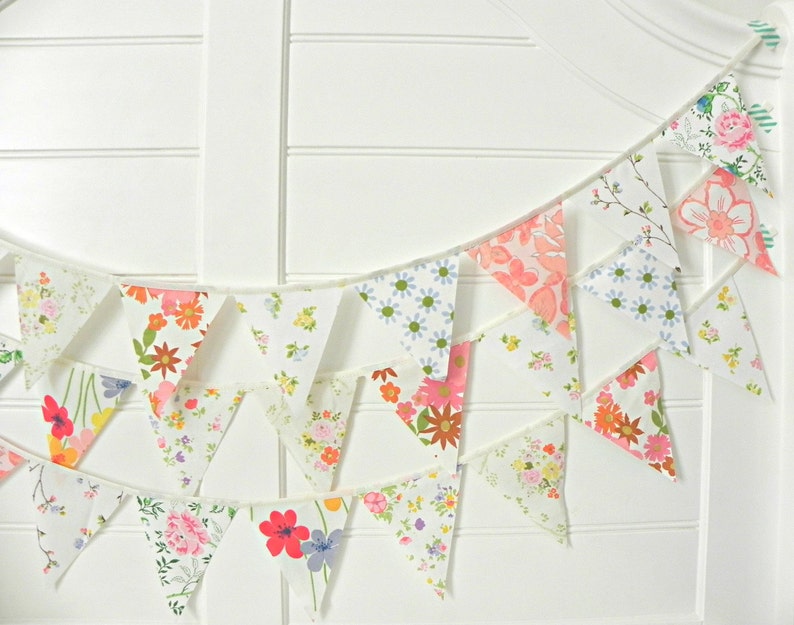 Vintage Floral Fabric Bunting Garland for Baby Showers, Weddings, and Spring Home Decor Handmade Country Garland with Shabby Chic Vibes image 3