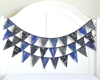 Star Map Batik Fabric Bunting — Celestial Garland for Dreamy Nurseries, Playrooms & Storybook Spaces