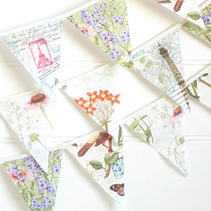 Vintage Botanicals and Delicate Butterflies Fabric Bunting Garland with Antique Birds, Perfect for Rustic and Nature-Inspired Party Decor image 3