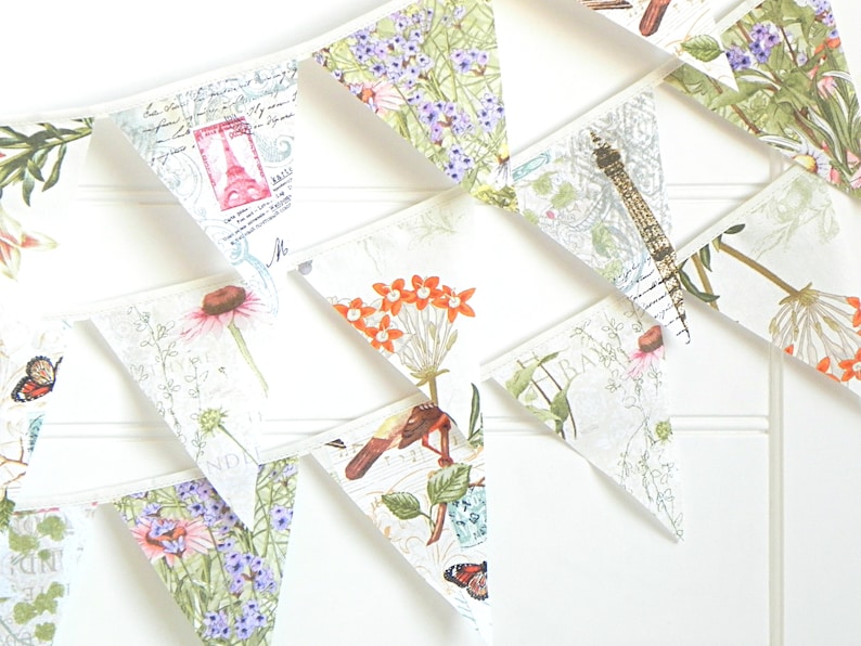 Vintage Botanicals and Delicate Butterflies Fabric Bunting Garland with Antique Birds, Perfect for Rustic and Nature-Inspired Party Decor image 3