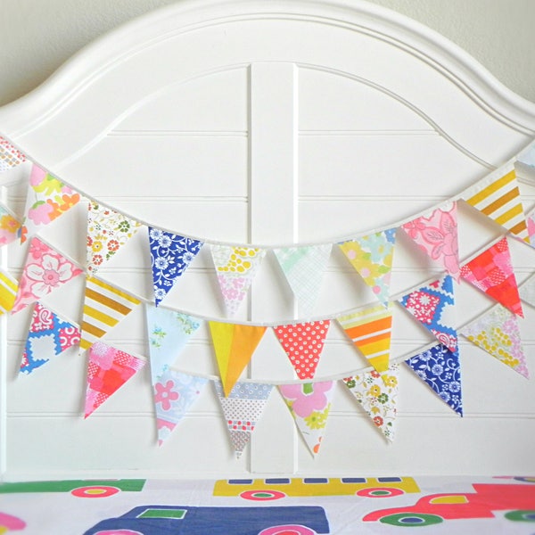 Eco-Friendly Handmade Bunting Flags from Vintage Fabrics - Add Playful Charm to Any Occasion!