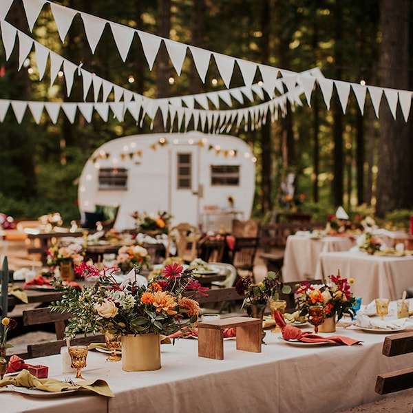 Enchanted Summer Wedding Bunting Garland Set | Featured on Junebug Wedding Blog | White Cotton Triangles | Rustic Eco-Friendly Decor