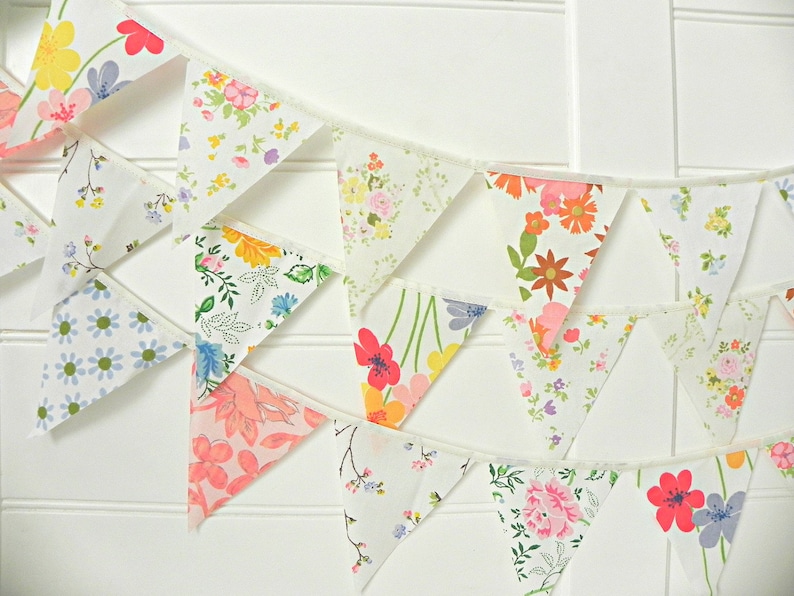 vintage floral on white fabric bunting garland