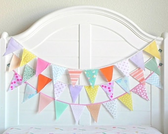 Heirloom Pastel Mini Bunting – Upcycled Fabric Garland for Storybook Nurseries, Playrooms & Softly Styled Childhood Interiors