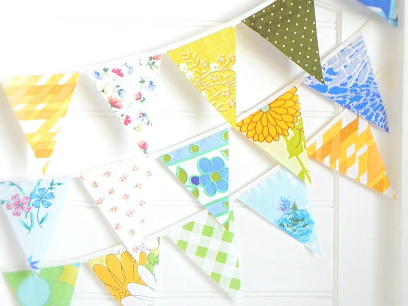 blue green orange vintage floral fabric bunting garland