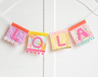 Vintage Charm meets Personalized Style with a Fabric Name Garland Banner - Ideal for Whimsical Girls' Room Decor, Nursery, and More