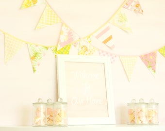 Vintage Floral Bunting Garland in Cottagecore Pinks, Oranges, and Yellows – Whimsical Elegance for Weddings, Showers, and Home Decor!