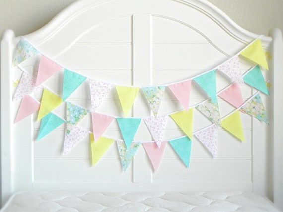 Vintage Fabric Bunting Banner, Floral Nursery Wall Decor, Flag Garland Baby Shower Decorations Girl, Pink Aqua Circus Themed Birthday Party Il_570xn