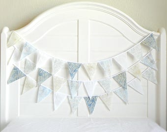 Coastal Cottagecore Batik Bunting Garland - Custom Lengths, Reusable Fun in Blues & Whites, 6-18ft Rustic Charm