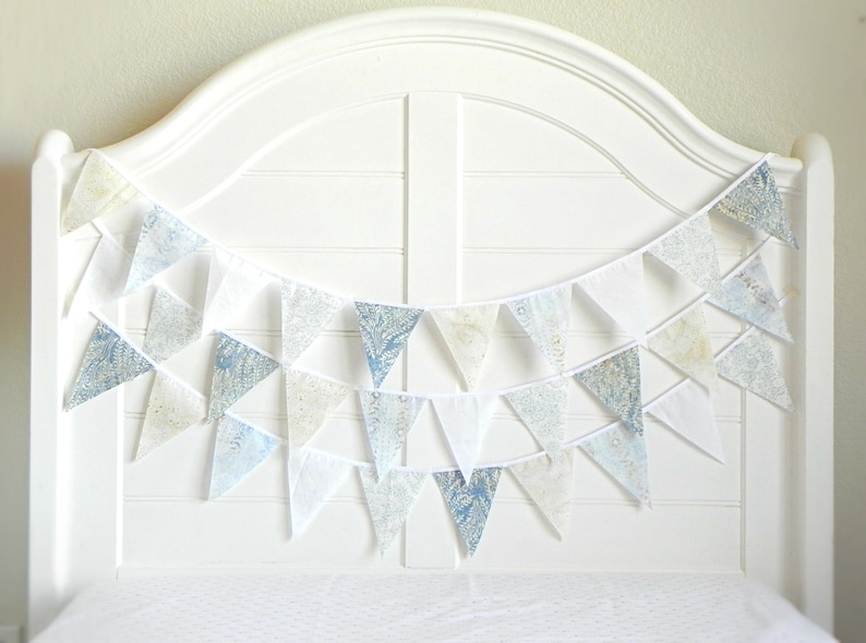pale blue beige white batik fabric bunting garland