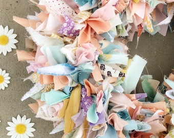 Soft Cottage Rag Wreath, Handmade Pastel Fabric Wreath in Storybook Carnival Colors, Heirloom Nursery Decor, Romantic Artisan Door Piece