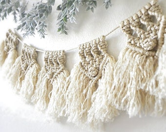 Beige Macrame Garland - Handcrafted Natural Boho Wedding Decor - Rustic Home Accent - Vintage-inspired Wall Hanging with Intricate Knotwork