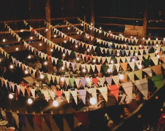 60ft of Handcrafted Fabric Bunting - Rustic Wedding Decor, Eco Friendly Event Garland - Customizable Pennant Flags - Vintage Style Banners