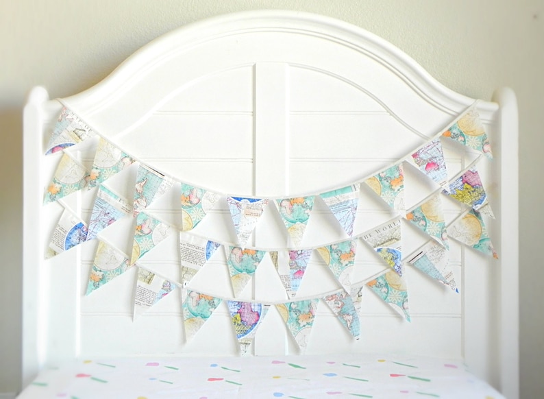 Vintage World Map Bunting Garland for Travel-Themed Nursery or Wanderlust Party Decor image 4